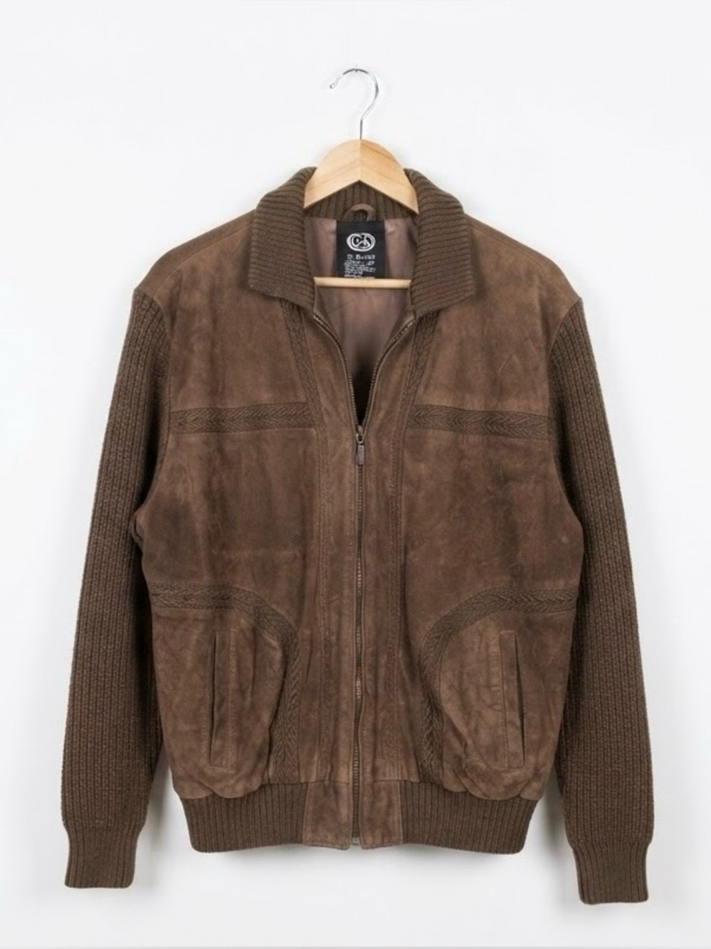 Vintage Men's Brown Suede & Knit Full Zip Bomber Jacket XL 56/58